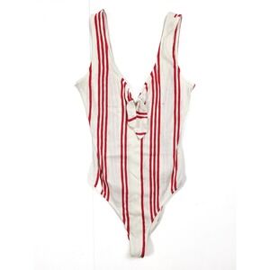 Love Tree White‎ Red Pin Striped V Neck Bodysuit Women's Size Small